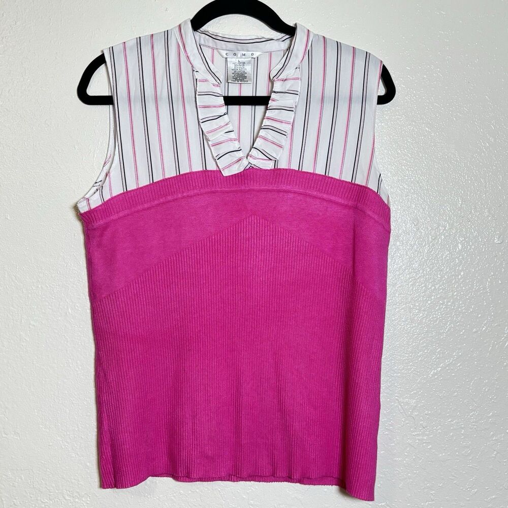 Como Pink Knit Top Ruffle V-Neckline Sleeveless
